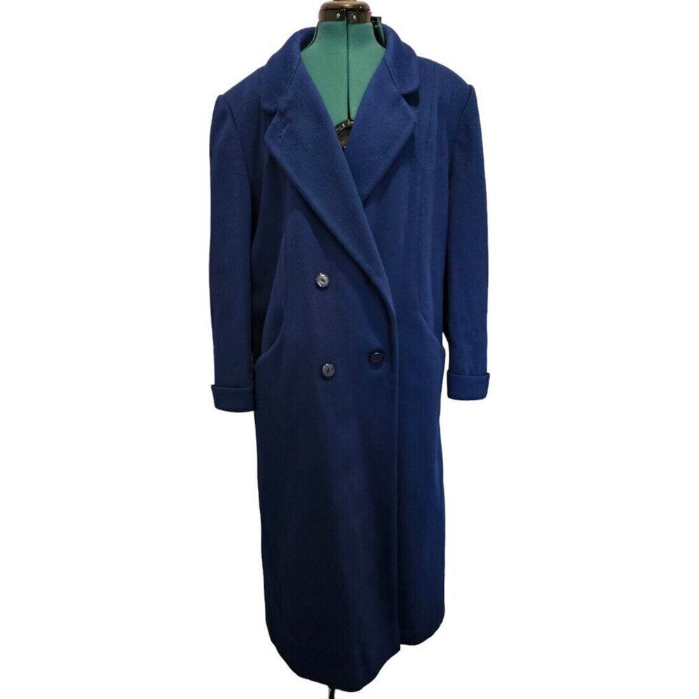 Womens Vintage 80s Blue Wool Blend Double Breasted over coat maxi long Size XL